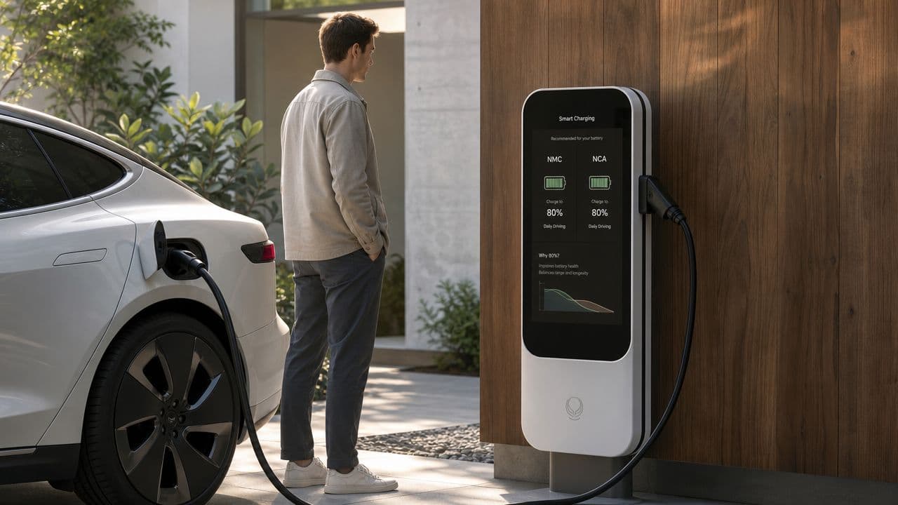 Un hombre observa un cargador inteligente para vehículos eléctricos con información sobre baterías en una pantalla moderna.