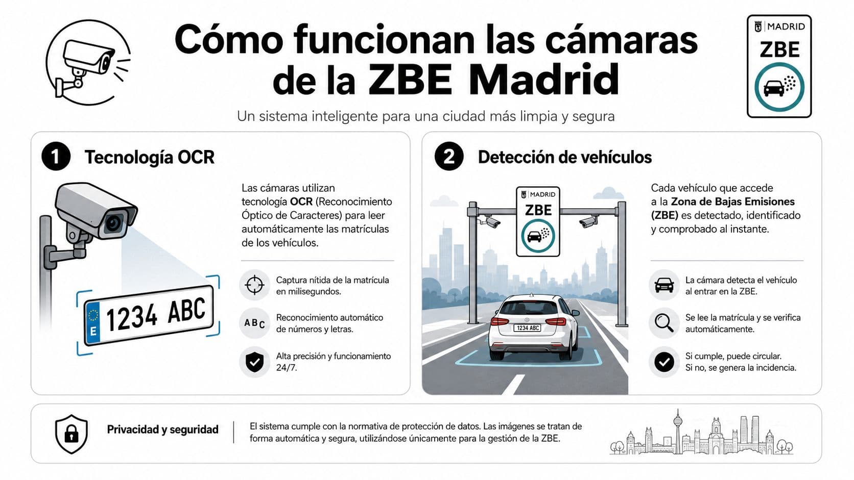 Infografía explicativa sobre cómo funcionan las cámaras de la Zona de Bajas Emisiones de Madrid.