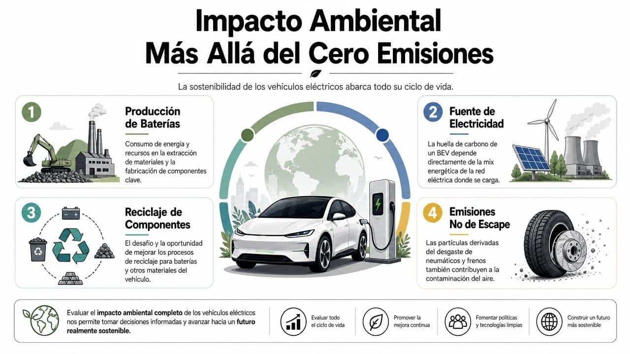 Infografía sobre el impacto ambiental del ciclo de vida de los vehículos eléctricos, desde producción hasta reciclaje.