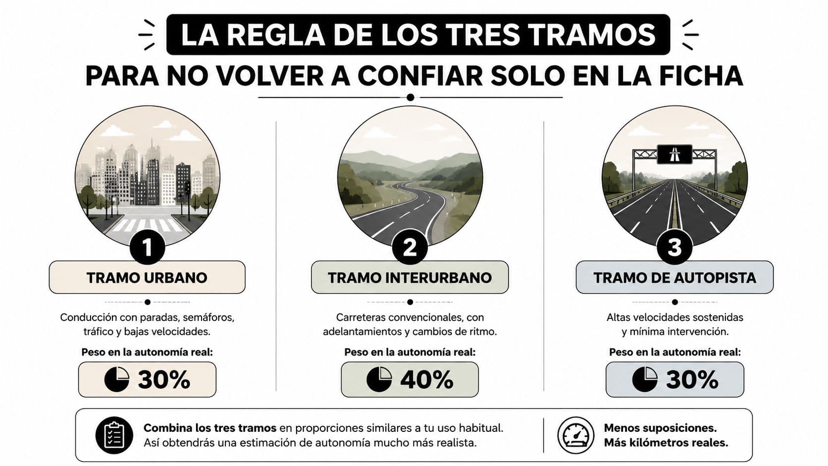 Infografía sobre la regla de los tres tramos para calcular la autonomía real de un vehículo eléctrico.
