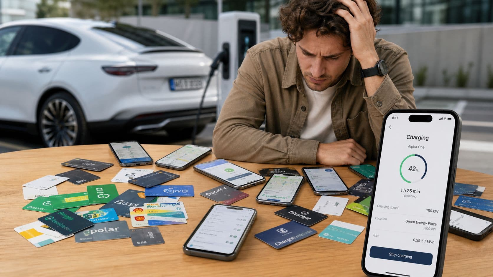 Hombre estresado frente a un coche eléctrico rodeado de múltiples tarjetas de carga y teléfonos móviles.