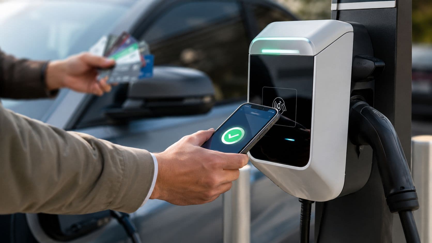 Una persona pagando la carga de un coche eléctrico utilizando una aplicación móvil en un cargador público.