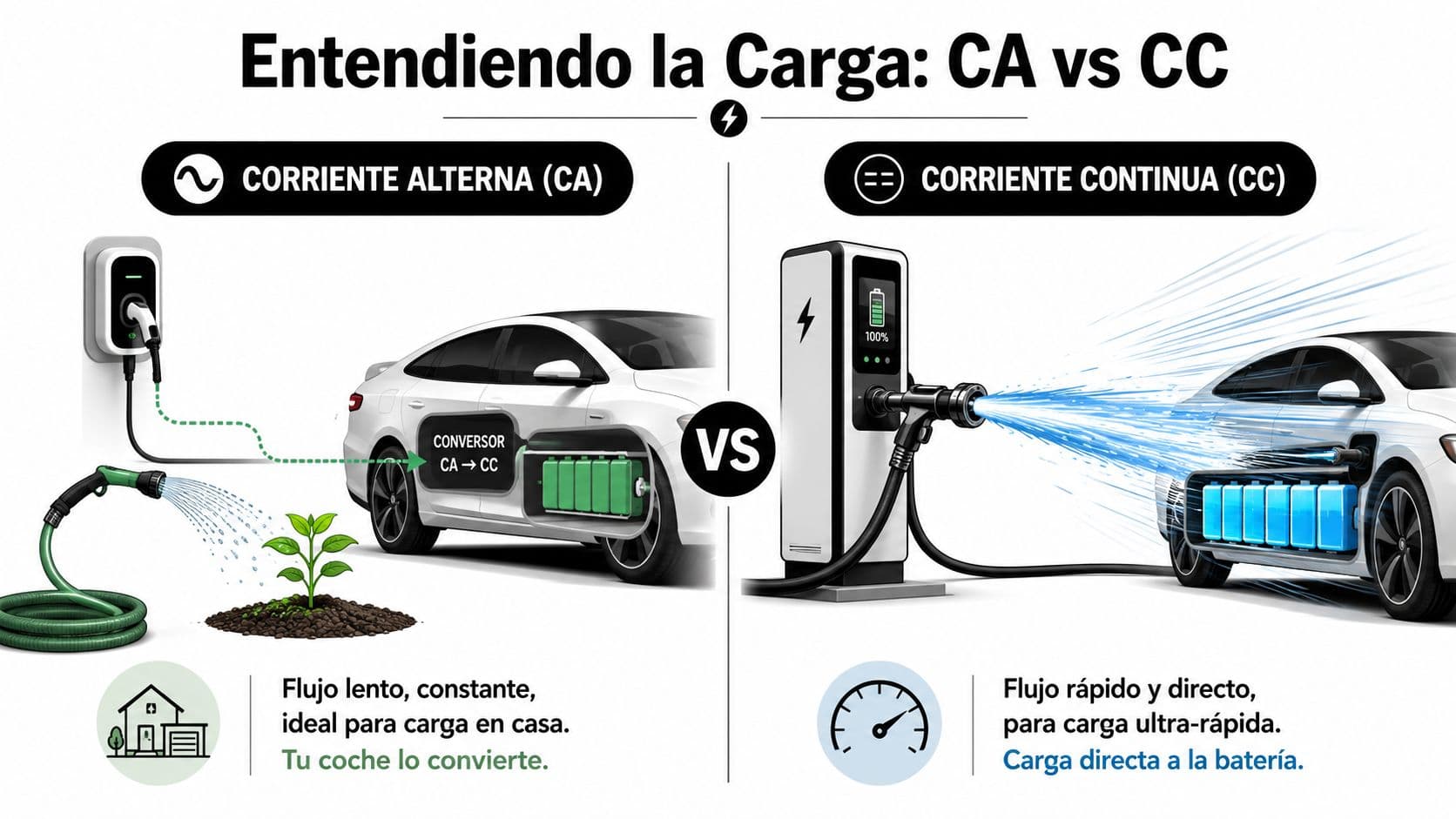 Comparativa ilustrada entre los métodos de carga de coches eléctricos mediante corriente alterna y corriente continua.