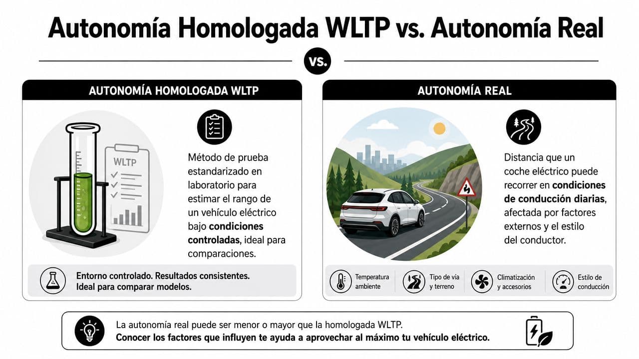 Comparativa entre autonomía WLTP medida en laboratorio y la autonomía real de un coche eléctrico en carretera.