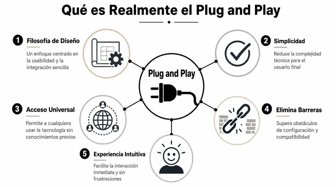 Infografía que explica los conceptos clave detrás de la filosofía tecnológica de diseño Plug and Play.