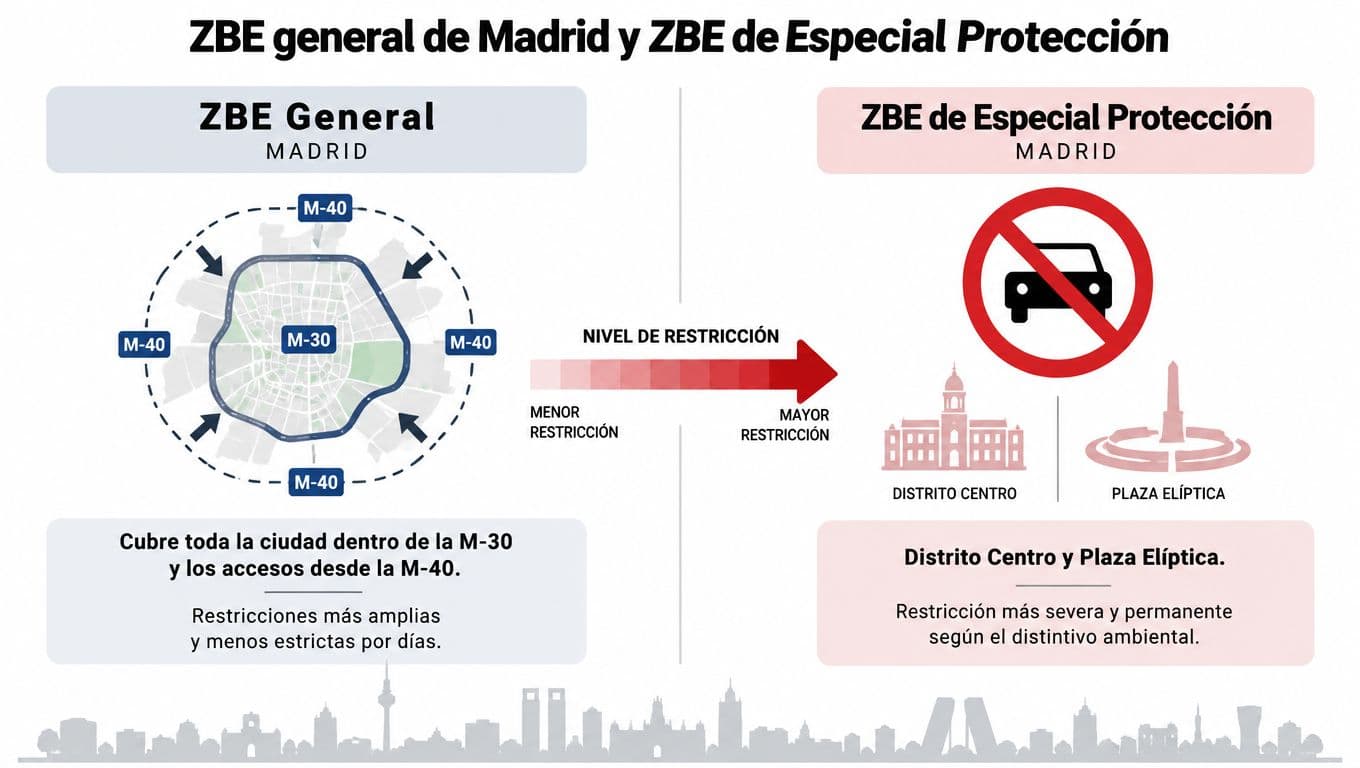 Gráfico explicativo sobre las zonas de bajas emisiones general y de especial protección en Madrid capital.