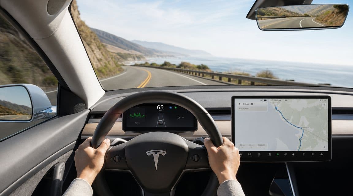 Vista en primera persona de una persona conduciendo un coche Tesla eléctrico por una carretera costera.
