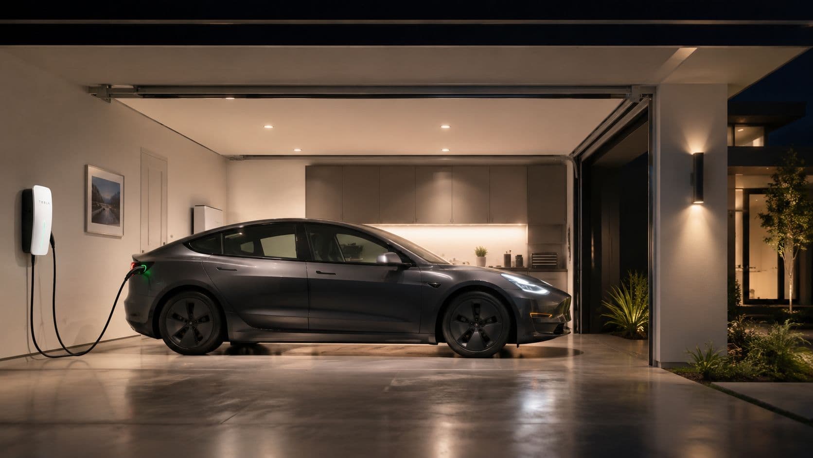Un automóvil eléctrico Tesla estacionado en un garaje moderno cargándose con un cargador de pared doméstico.
