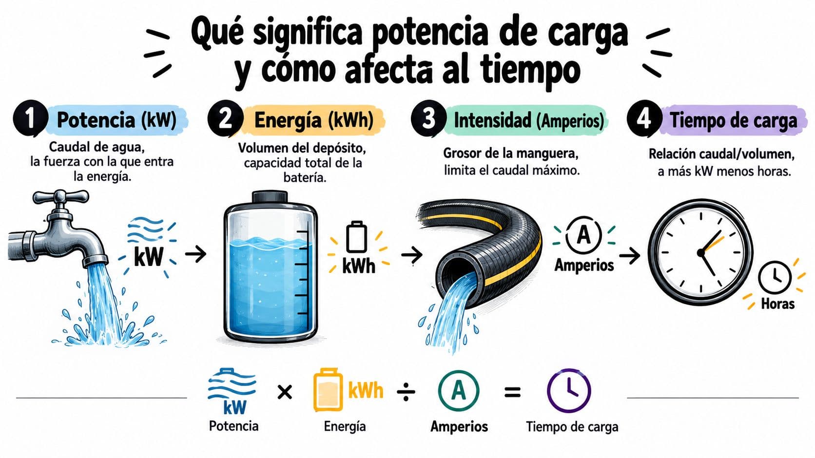 Infografía explicando los conceptos de potencia, energía, intensidad y tiempo de carga para vehículos eléctricos con analogía.