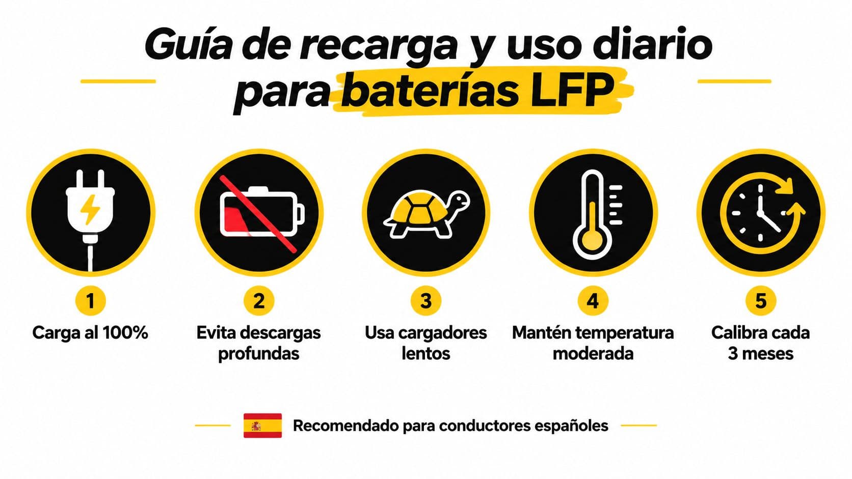 Guía visual con cinco consejos esenciales para la carga y mantenimiento diario de baterías LFP en vehículos eléctricos.