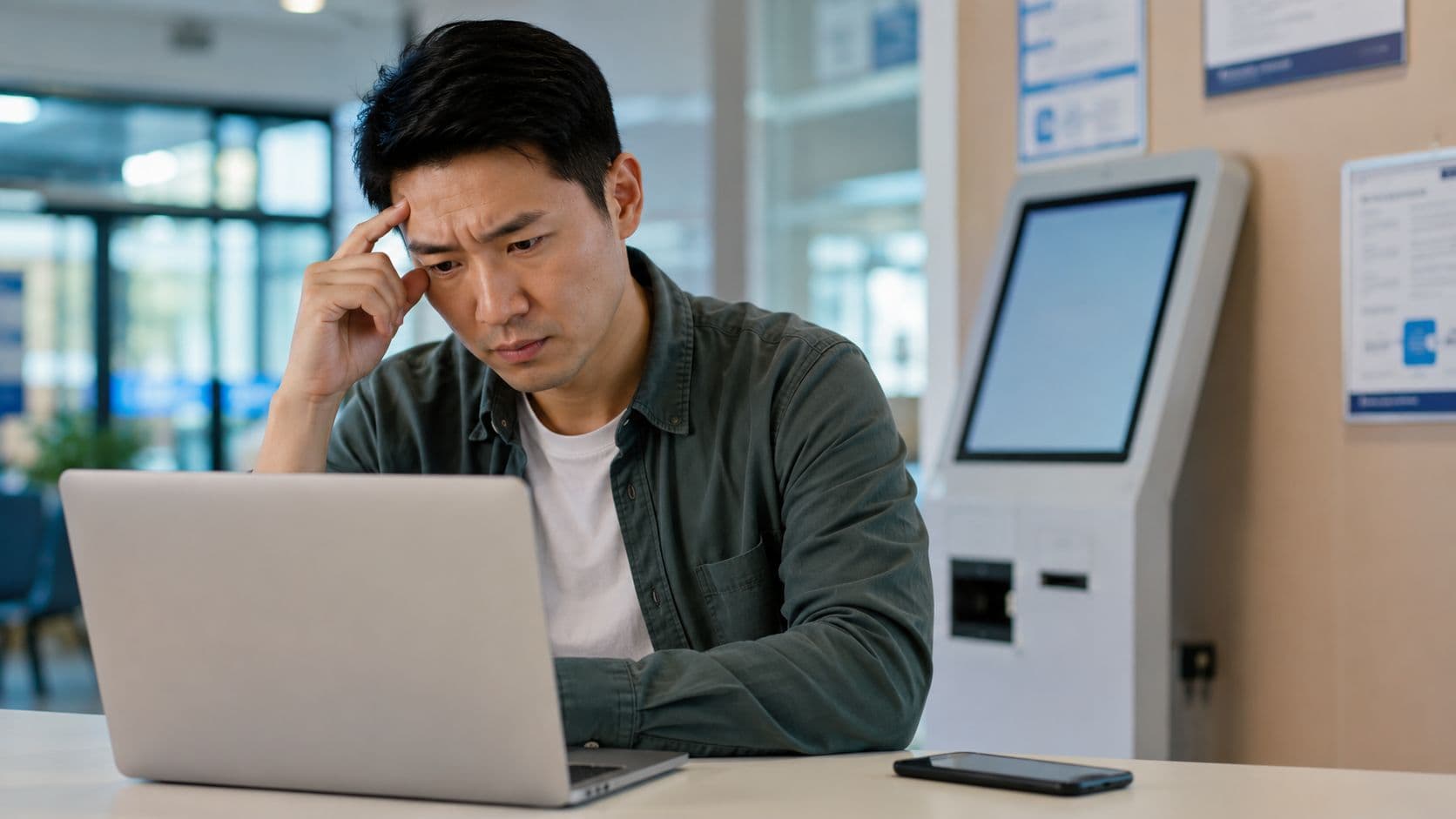 Hombre joven estresado mirando su computadora portátil en una oficina moderna frente a un quiosco de servicios
