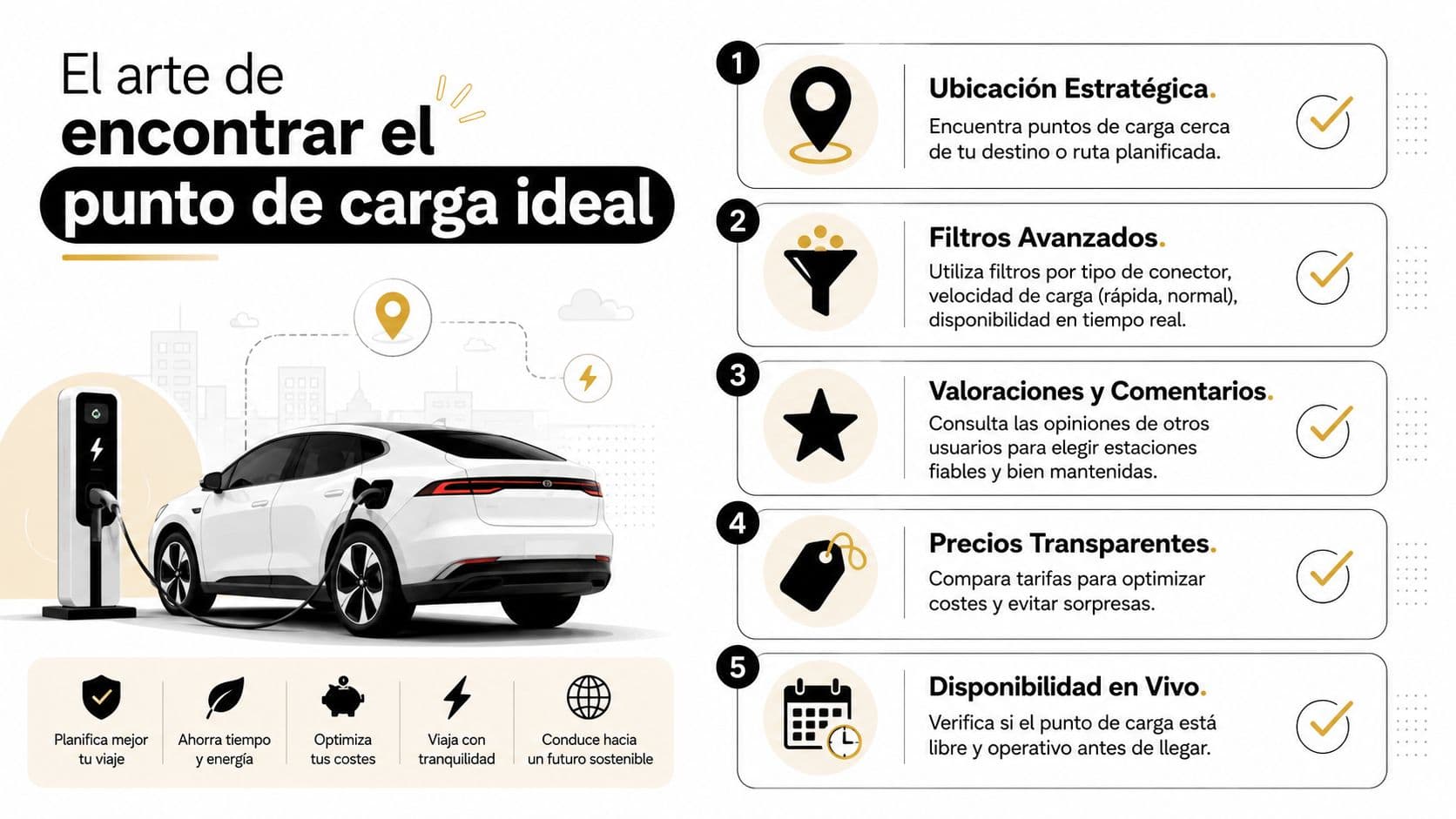 Infografía sobre cómo encontrar puntos de carga para vehículos eléctricos, destacando consejos para optimizar la planificación de viajes.