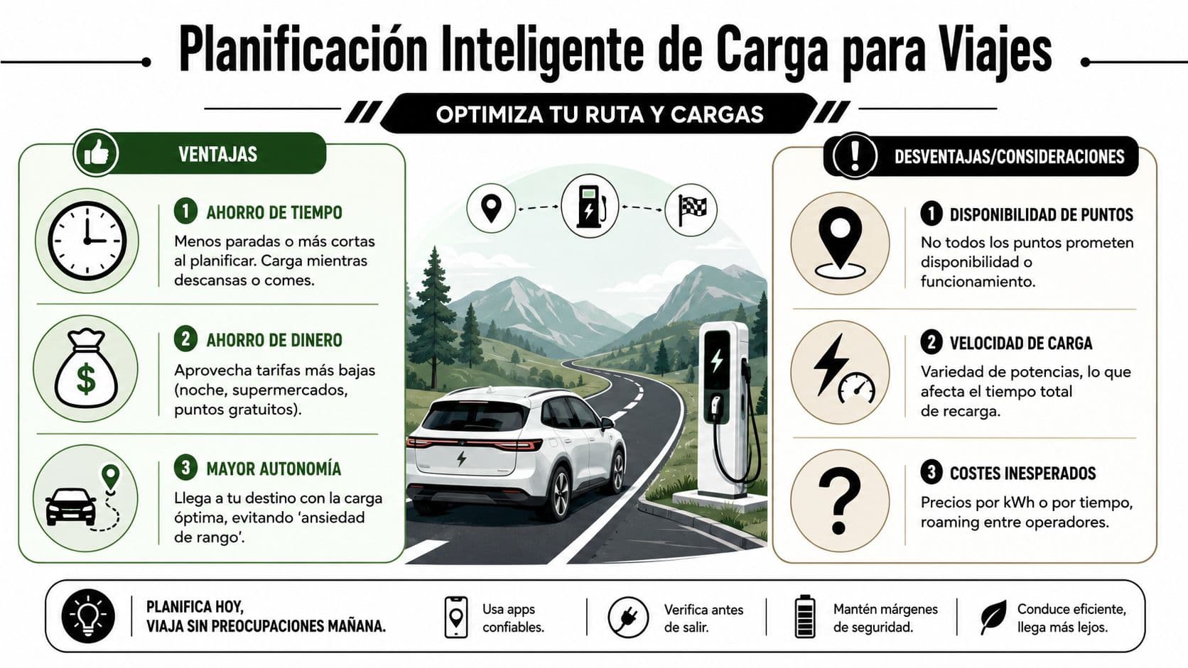 Infografía sobre la planificación inteligente de rutas para cargar vehículos eléctricos, destacando ventajas, desventajas y consejos útiles.