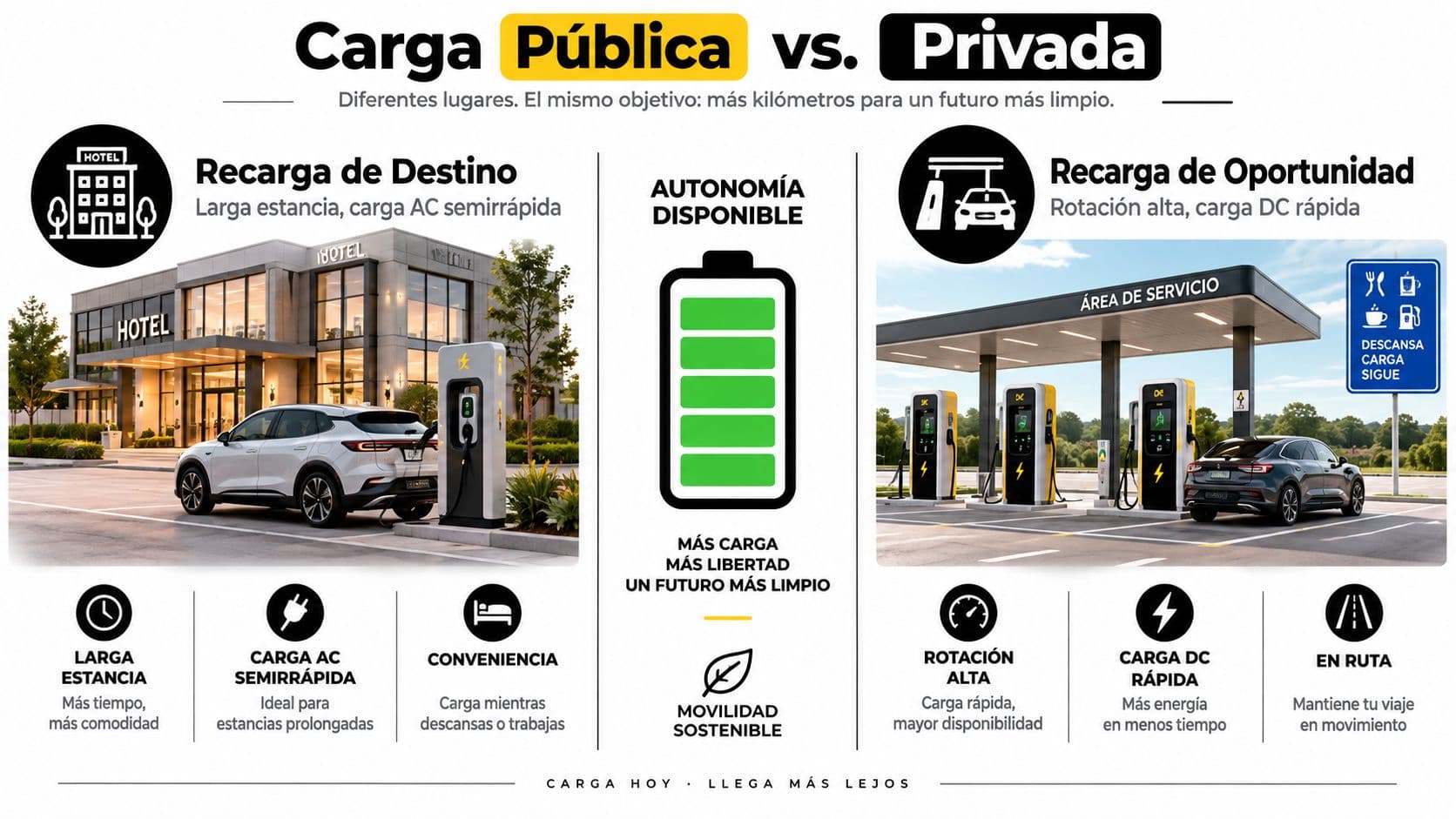 Infografía comparativa sobre las diferencias entre puntos de carga públicos y privados para vehículos eléctricos