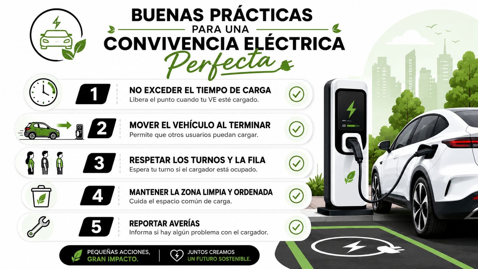 Infografía con cinco buenas prácticas recomendadas para la convivencia y uso responsable de puntos de recarga eléctrica.