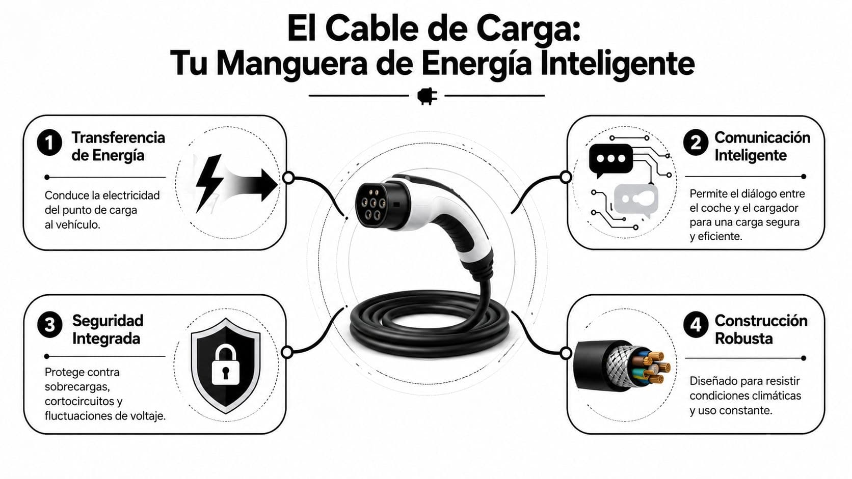 Infografía técnica sobre las funciones principales de un cable de carga para coches eléctricos modernos.