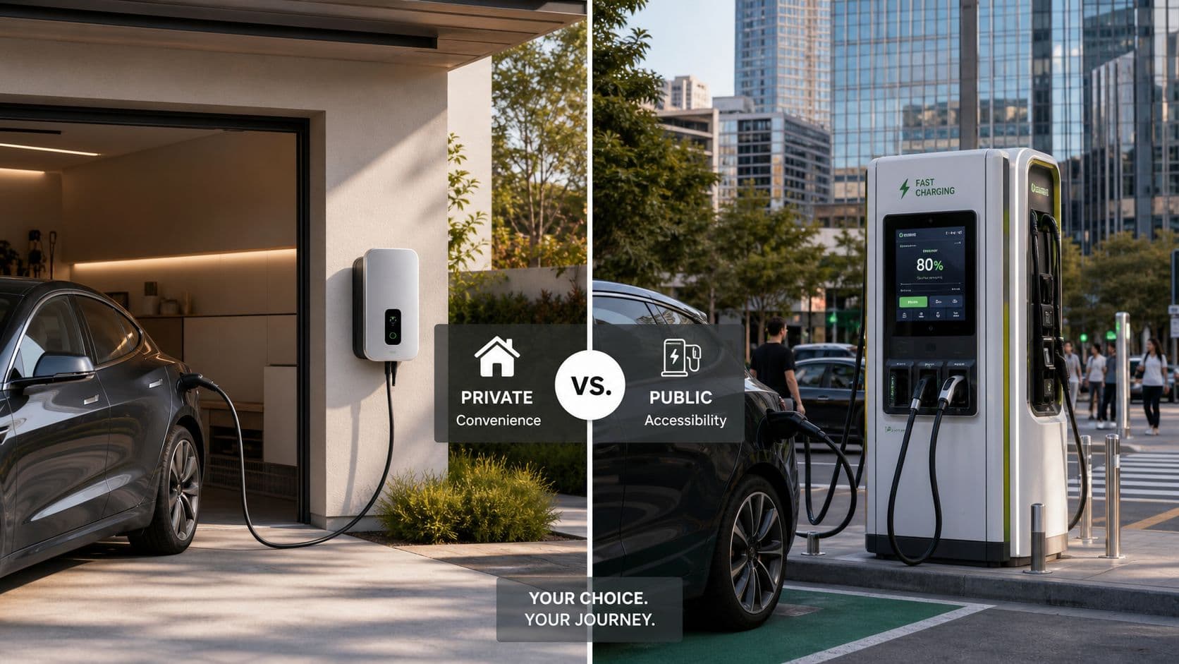 Comparativa visual entre un cargador doméstico para coches eléctricos y una estación de carga pública rápida.