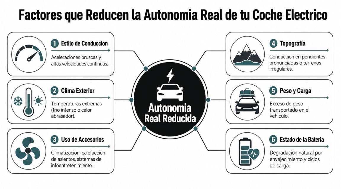 Infografía sobre los seis factores principales que reducen la autonomía real de un vehículo eléctrico.