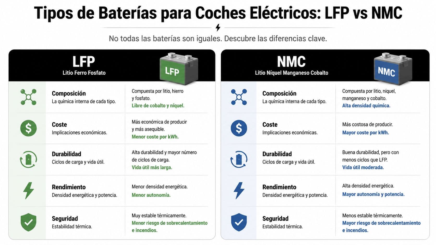 Comparativa entre baterías LFP y NMC para coches eléctricos destacando diferencias en composición, coste, durabilidad y seguridad.