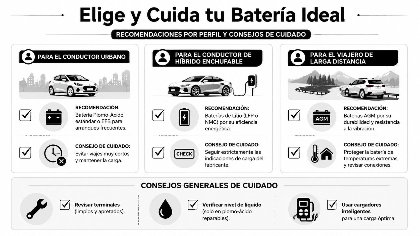 Infografía sobre cómo elegir y cuidar la batería de tu coche según el perfil de conductor.