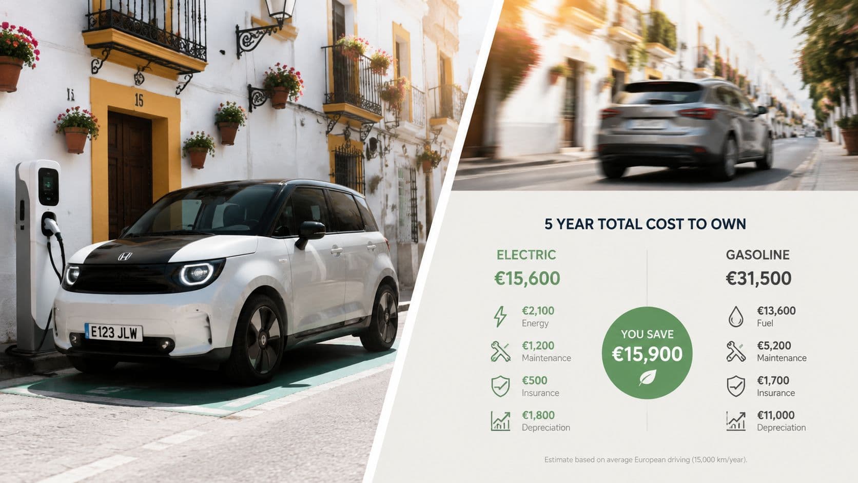Un pequeño coche eléctrico Honda cargando en una calle europea junto a un gráfico comparativo de costes.