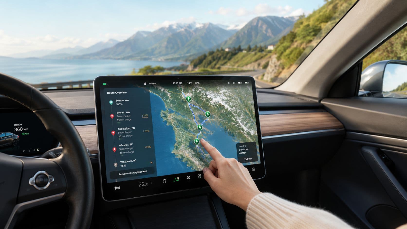 Conductor interactuando con la pantalla táctil de un coche eléctrico para planificar una ruta de carga.