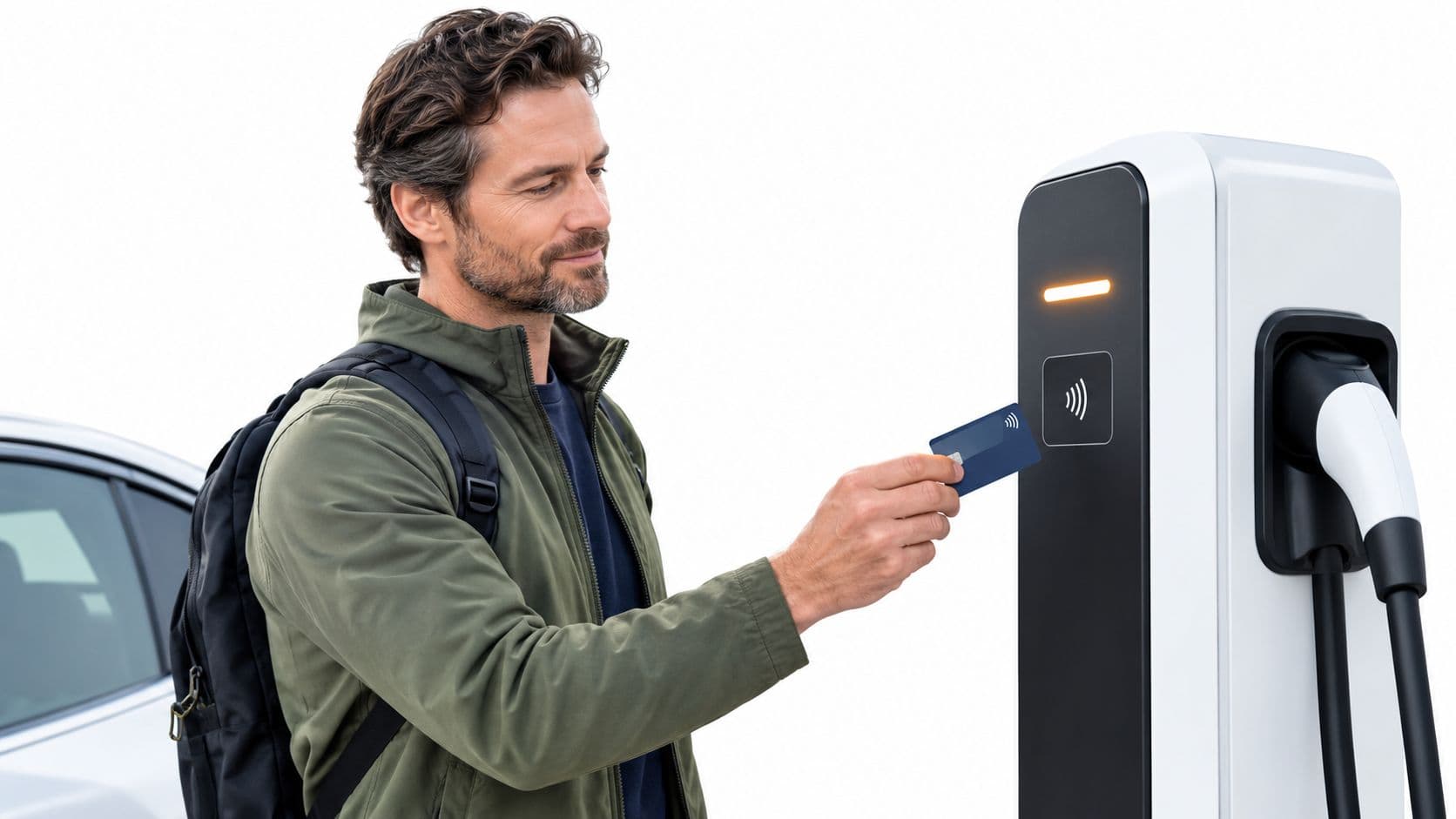 Hombre con mochila usando una tarjeta de pago en una estación de carga para vehículos eléctricos.