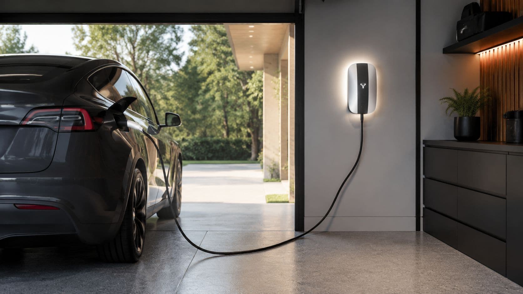 Un vehículo eléctrico Tesla estacionado en un garaje moderno siendo cargado con un cargador de pared.