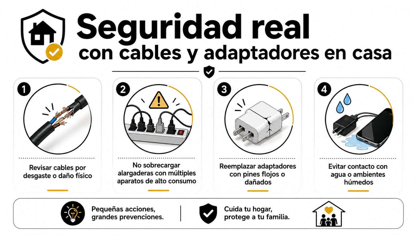 Infografía con cuatro consejos esenciales para prevenir riesgos eléctricos relacionados con cables y adaptadores en el hogar.