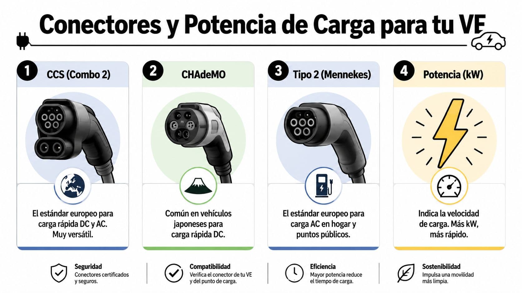 Infografía sobre los tipos de conectores para coches eléctricos, incluyendo CCS, CHAdeMO y Tipo 2, y potencia de carga.