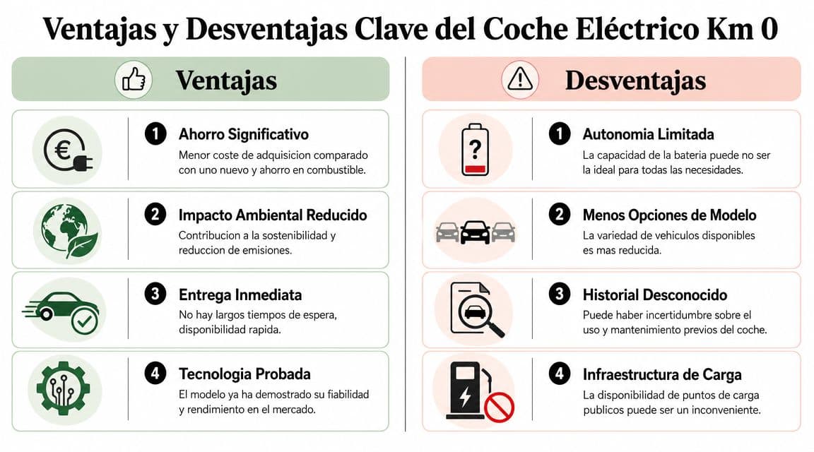 Infografía sobre las ventajas y desventajas clave al comprar un coche eléctrico de kilómetro cero.