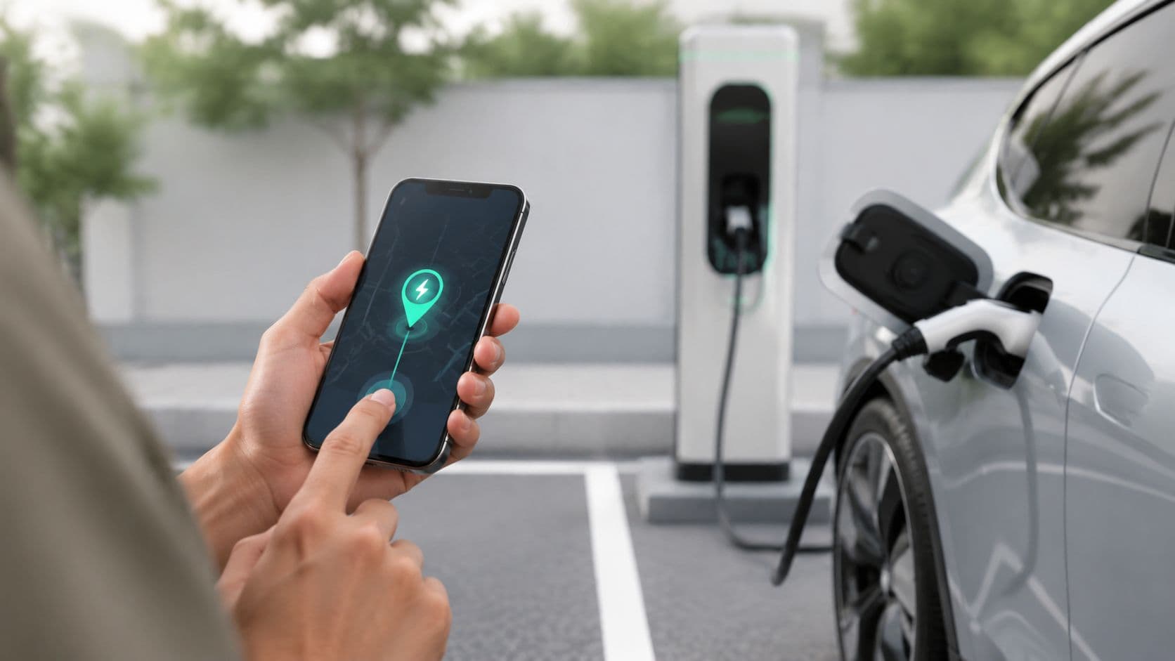 Persona usando una aplicación móvil para localizar puntos de carga mientras su vehículo eléctrico se recarga.