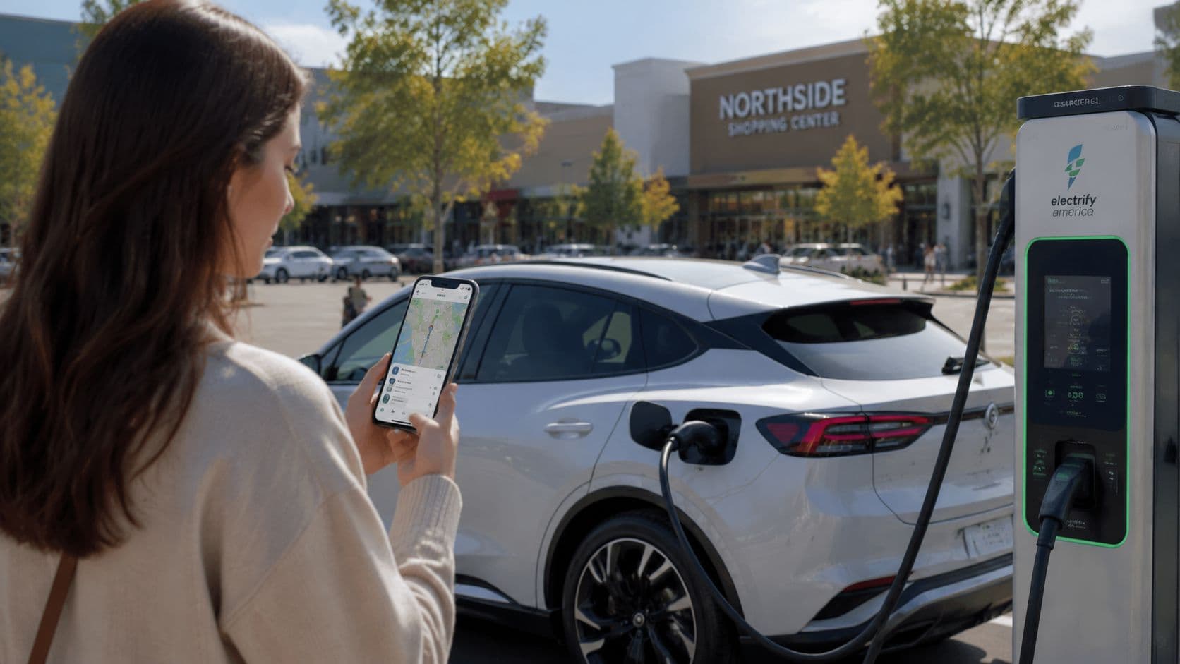 Una mujer observa su teléfono móvil mientras su coche eléctrico se carga en una estación de servicio pública.