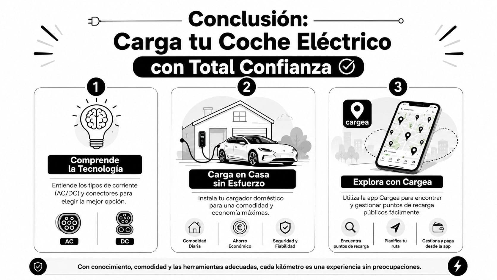 Infografía sobre cómo cargar coches eléctricos con confianza, explicando la tecnología, carga en casa y uso de apps.
