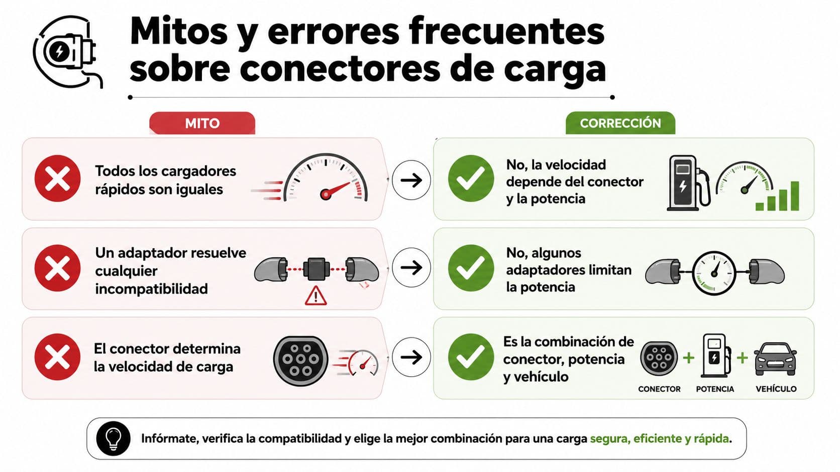 Infografía sobre mitos y verdades de los conectores de carga para vehículos eléctricos y su funcionamiento.