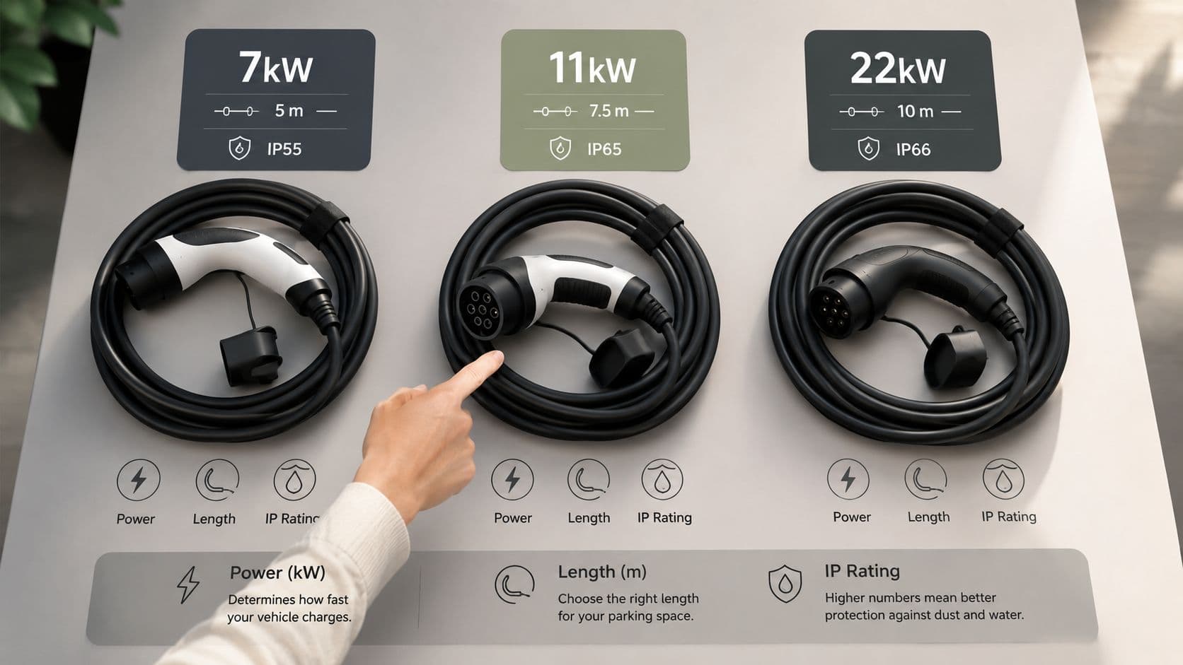 Mano seleccionando una opción de cable de carga para vehículo eléctrico en una pantalla táctil informativa.
