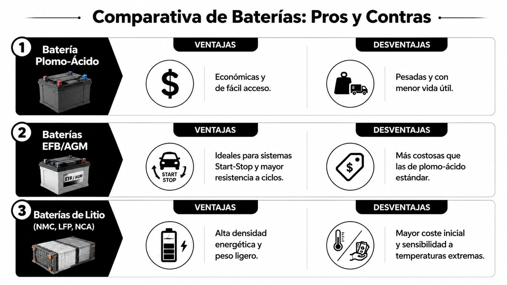 Tabla comparativa de ventajas y desventajas entre baterías de plomo-ácido, EFB/AGM y de litio para automóviles.