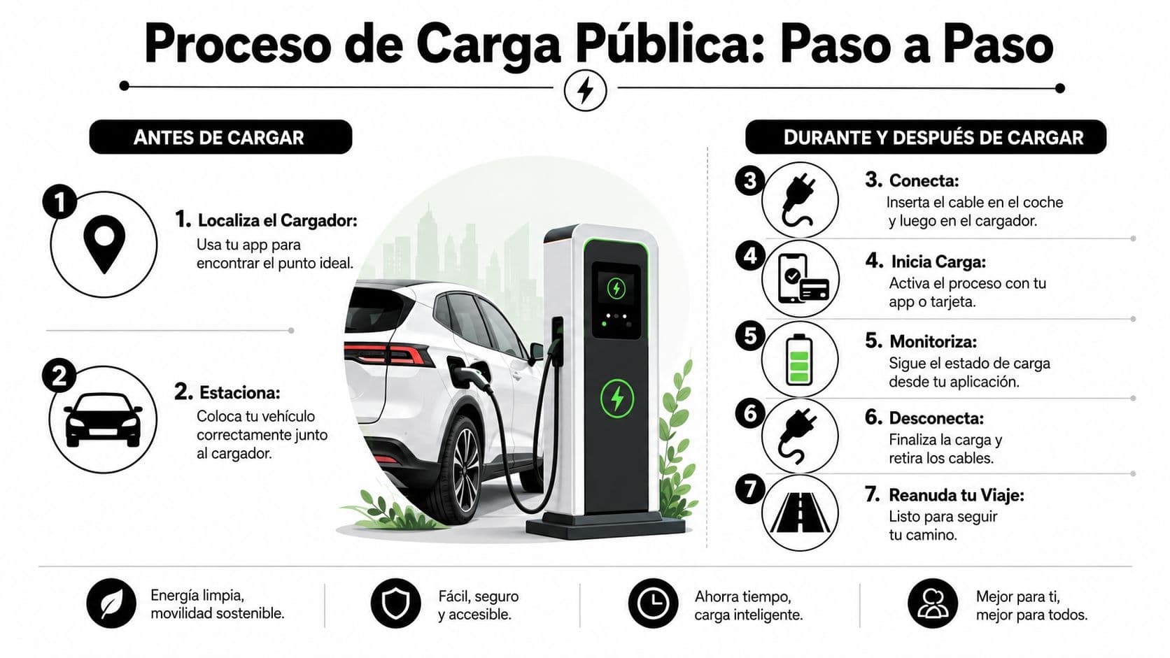 Infografía paso a paso que explica el proceso de carga pública para vehículos eléctricos de forma sencilla.