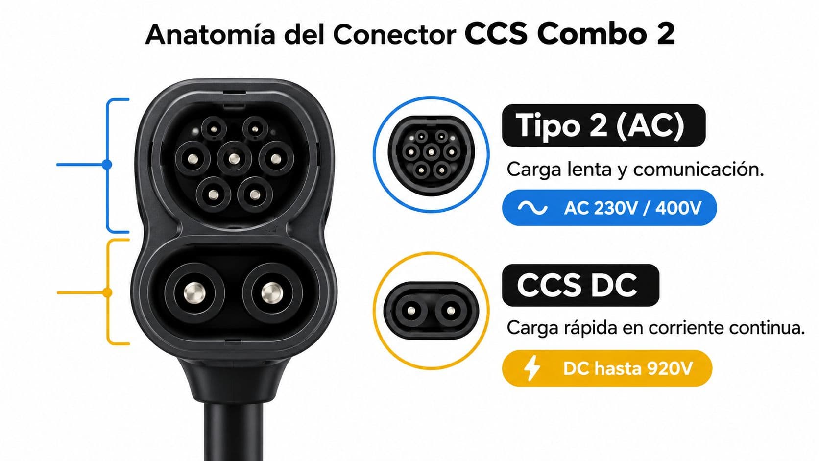 Diagrama detallado que explica la anatomía y funciones de un conector para carga eléctrica CCS Combo 2.