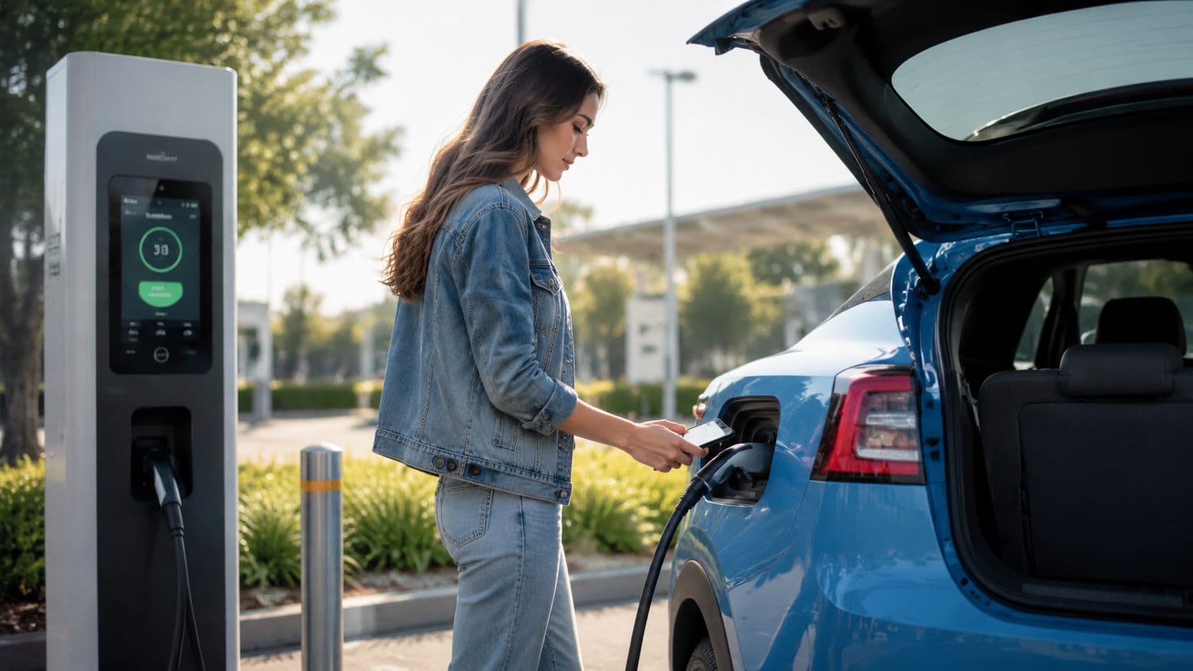 Una mujer joven carga su coche eléctrico en una estación de recarga utilizando pagos móviles NFC.