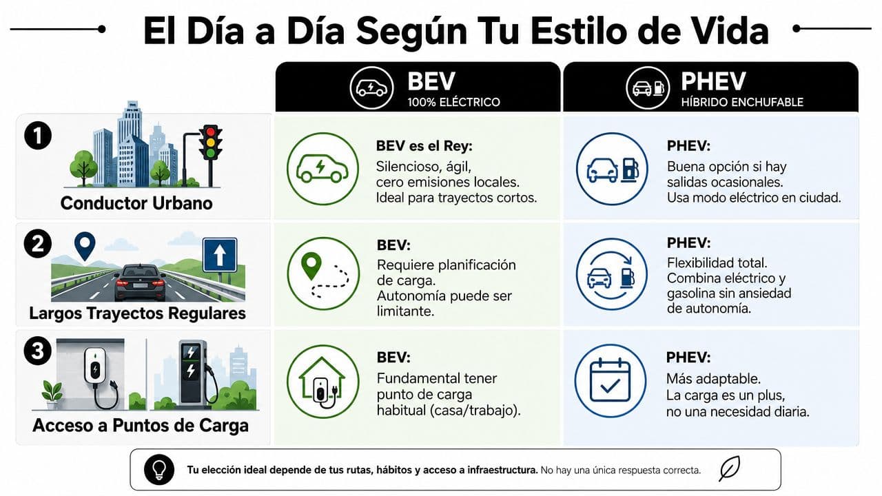 Tabla comparativa sobre cómo elegir entre vehículos eléctricos BEV o híbridos enchufables PHEV según tu estilo de vida.