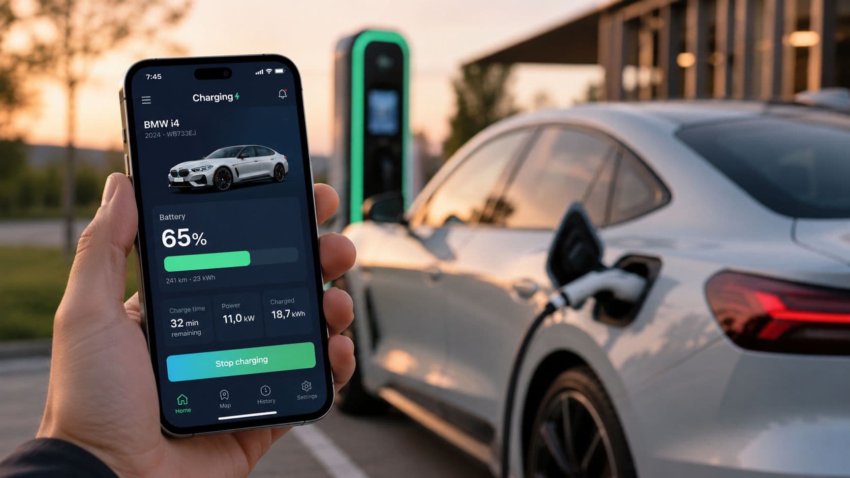 Una mano sosteniendo un teléfono inteligente mostrando información de carga eléctrica para un vehículo BMW i4 aparcado.
