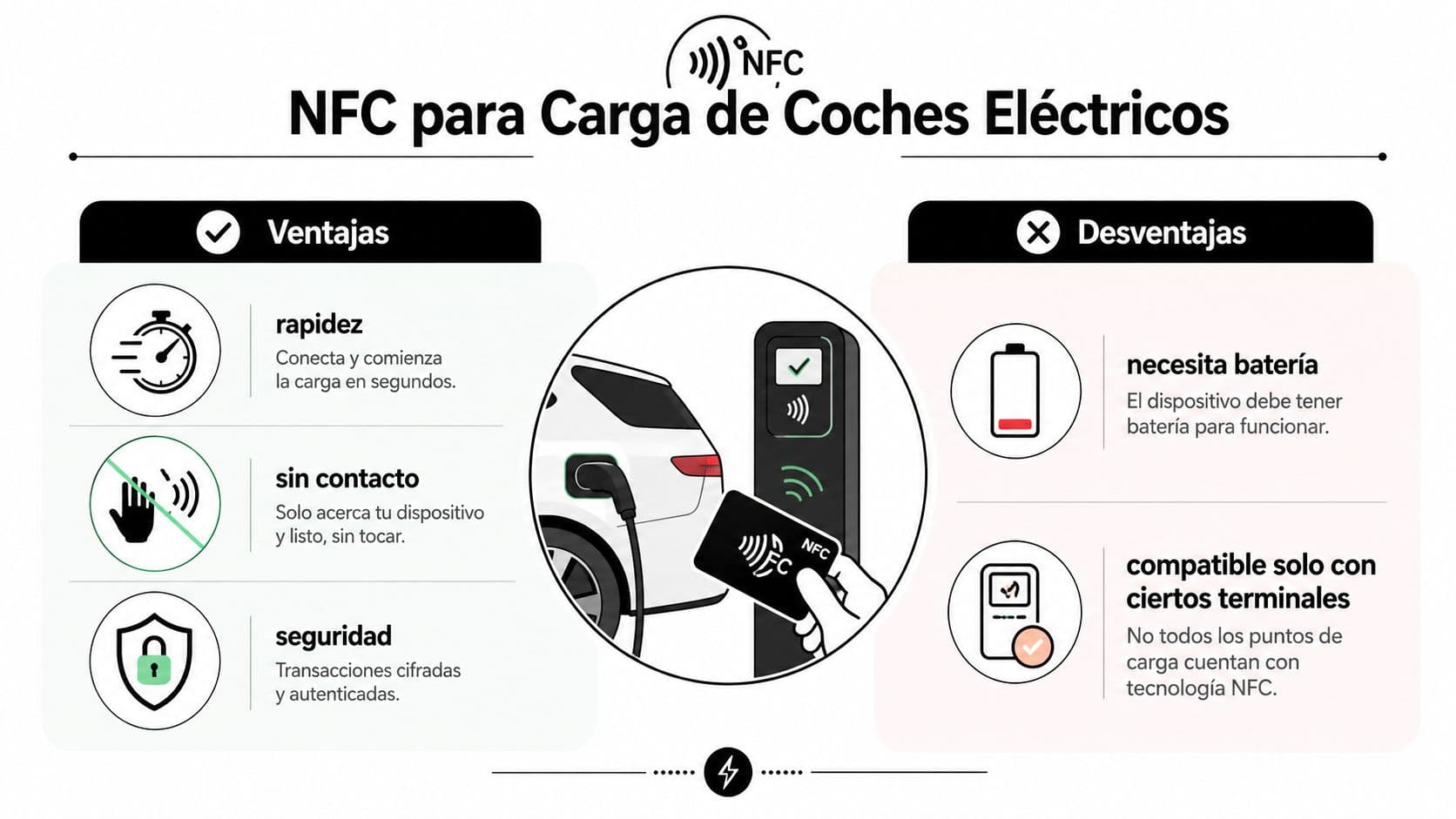 Infografía sobre las ventajas y desventajas del uso de tecnología NFC para la carga de coches eléctricos.