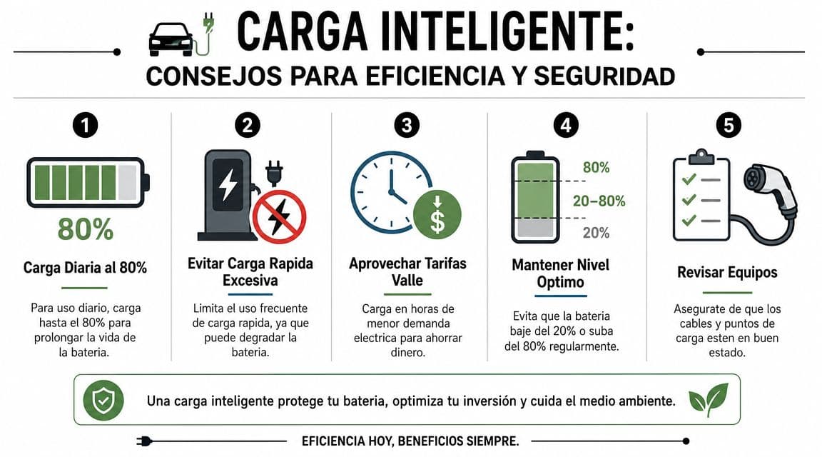 Infografía con cinco consejos prácticos para optimizar la carga y cuidar la batería de coches eléctricos.