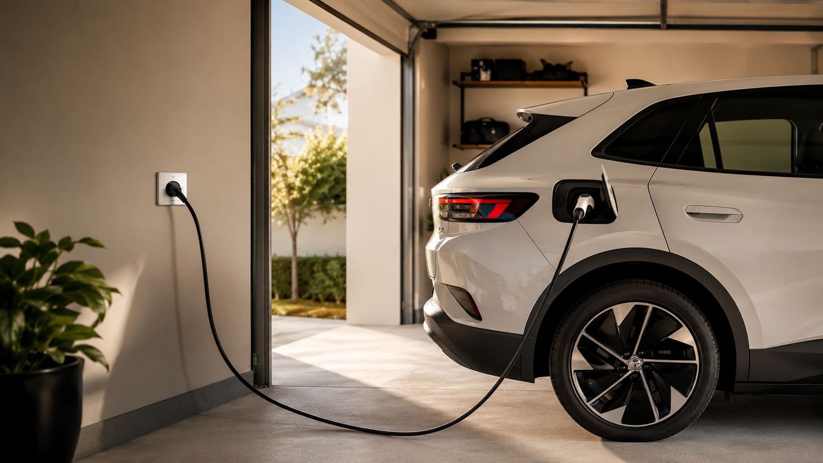 Un coche eléctrico blanco estacionado dentro de un garaje mientras se carga conectando el cable a la pared.