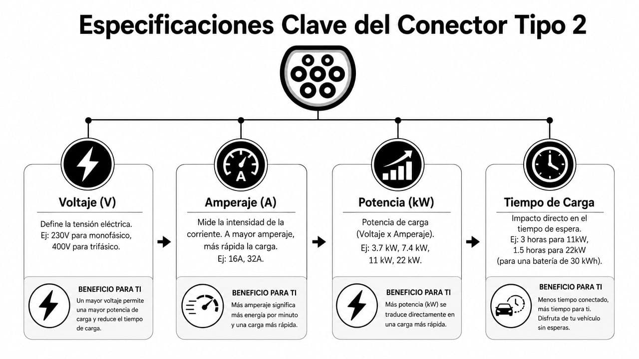 Infografía técnica que detalla las especificaciones clave de voltaje, amperaje, potencia y tiempo de carga para conectores tipo 2.