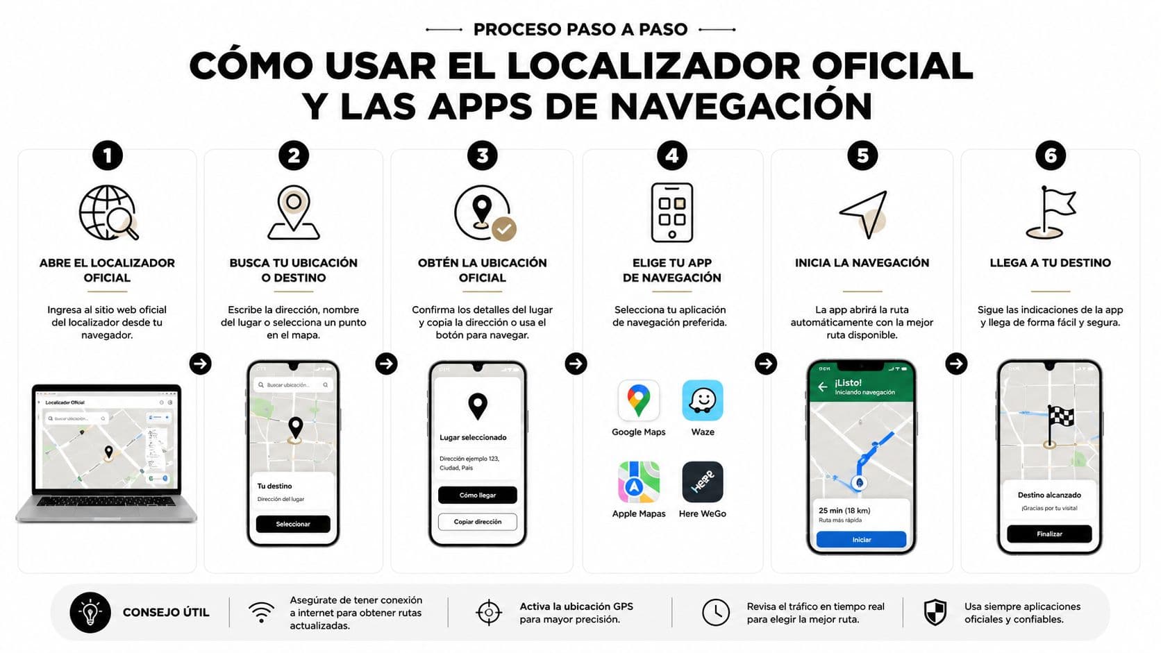 Infografía paso a paso sobre cómo utilizar el localizador oficial y aplicaciones de navegación para llegar a un destino.