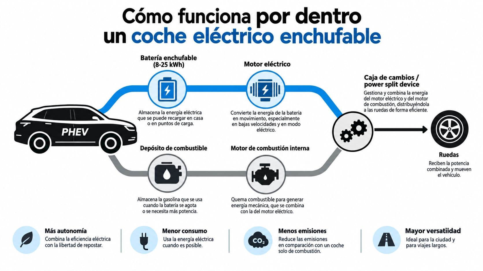 Diagrama explicativo sobre el funcionamiento interno de un coche eléctrico enchufable híbrido, mostrando sus componentes principales.
