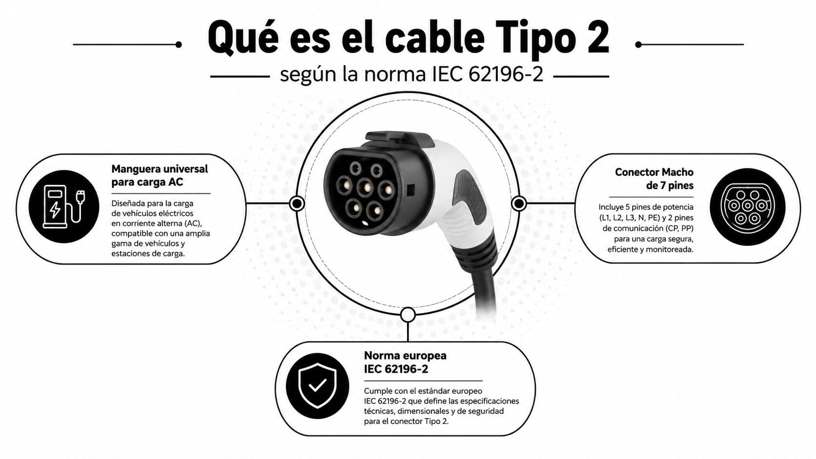 Infografía sobre el cable de carga Tipo 2 para vehículos eléctricos según la normativa europea IEC 62196-2.