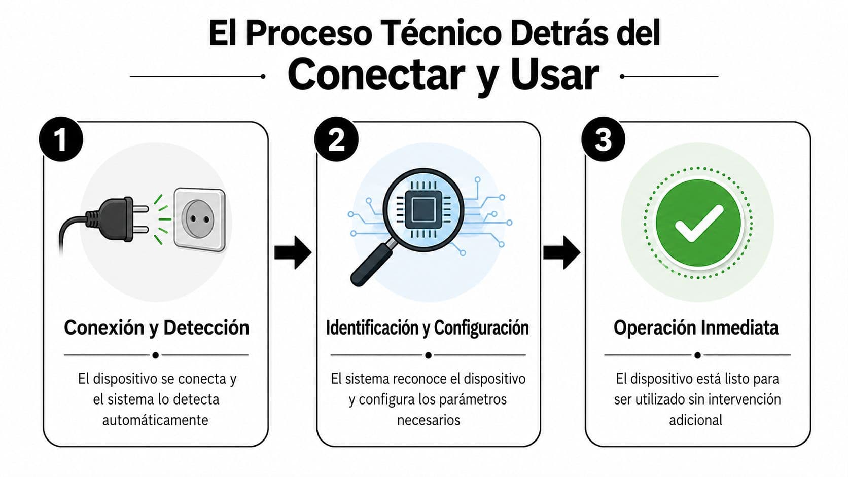 Diagrama explicativo sobre el proceso técnico de funcionamiento de la tecnología plug and play para dispositivos electrónicos.
